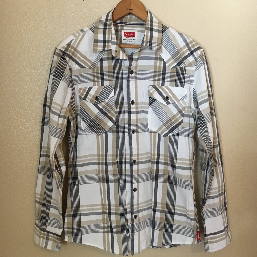 Wrangler Plaid Shirt S Western Grey Khaki Black Button Down Stretch Rodeo